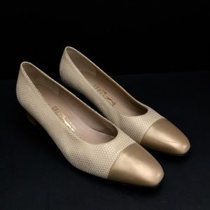 Ferragamo Gold Suede & Leather Cap Toe Pumps